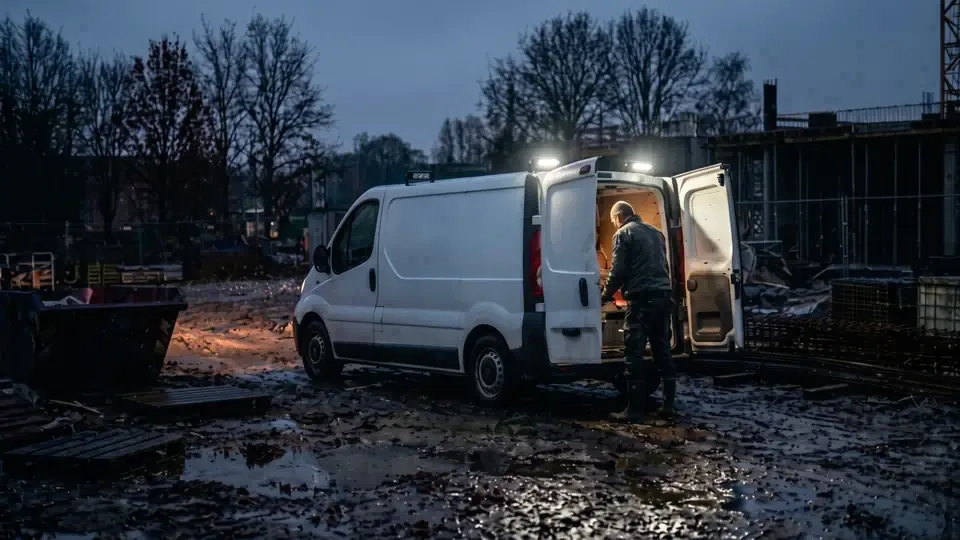 Bestelwagen met twee LAZER-werklichten aan op een donkere werf